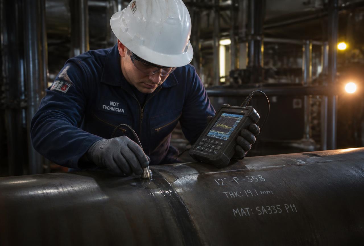 Technician performing ultrasonic testing on an industrial pipe weld