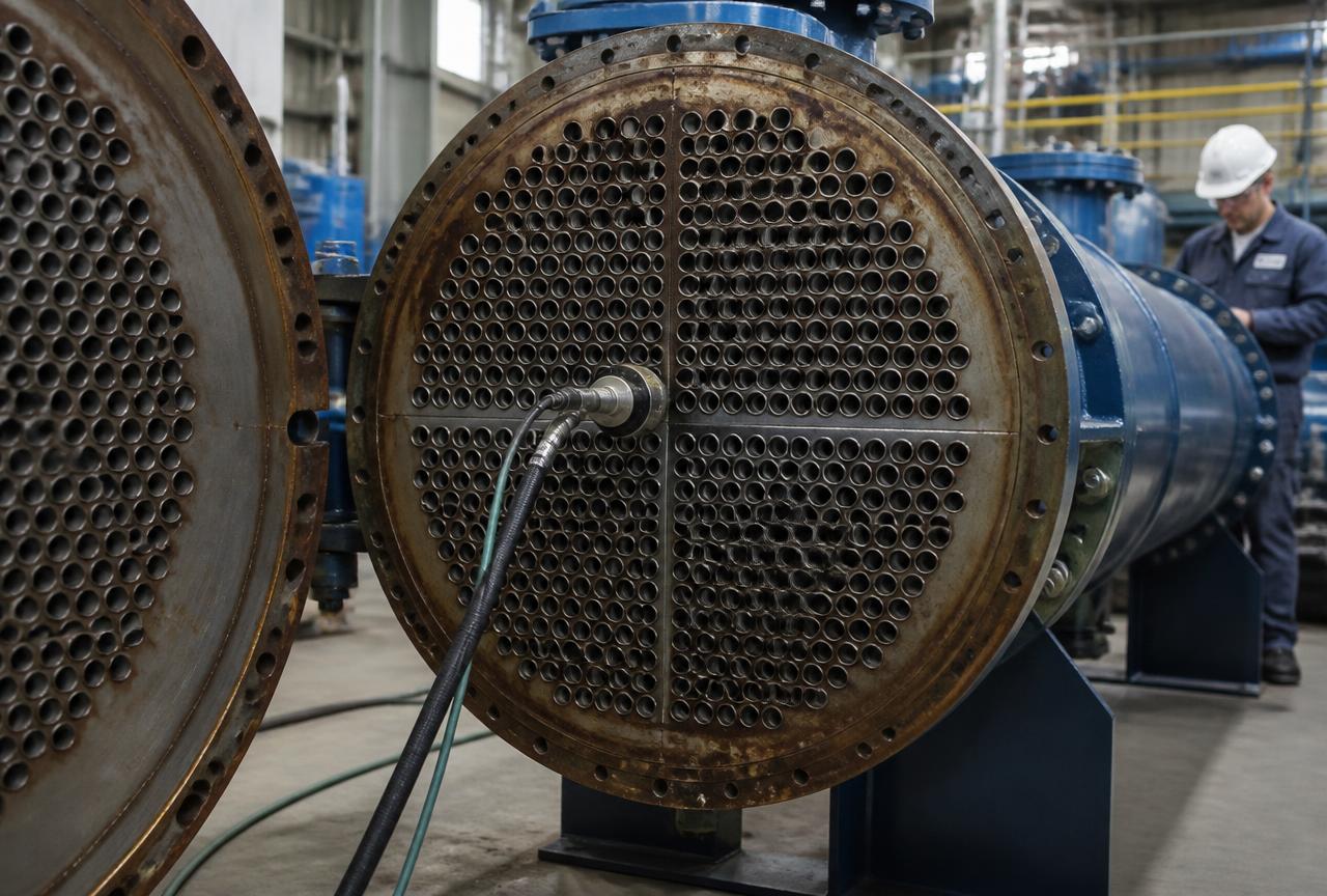 Heat exchanger tube bundle being inspected during a shutdown